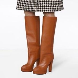 Gucci Brown Ribbed Leather Platform Knee High Boots